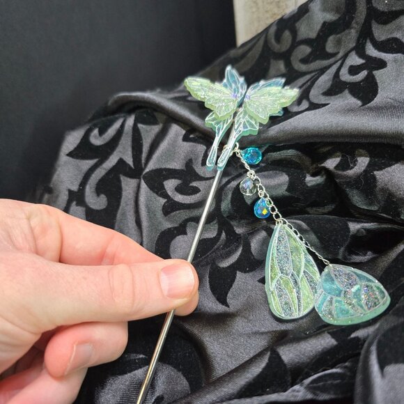Handmade Delicate Elven Moonlit Butterfly Hair Stick w/ Wings and Crystals Gift - Picture 6 of 9